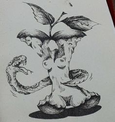 a pencil drawing of an apple tree with two snakes crawling around it's trunk