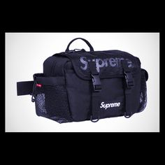 the supreme waist pack is black and has white letters on it