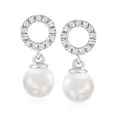 Ross-Simons - 6.5-7mm Cultured Akoya Pearl, .20ct t. w. Diamond Circle Drop Earrings. These demure drop earrings are perfect for dressy daytime moments and elegant evenings out! 6.5-7mm cultured Akoya pearls are topped with .20 ct. t. w. round brilliant-cut diamond circle tops in 14kt white gold that add a sense of modernity to an otherwise classic style. Hanging length is 5/8". Post/clutch, diamond and white pearl drop earrings. Pearl birthstones are the perfect gift for June birthdays. Jewellery Video, Drop Earrings Pearl, Akoya Pearl Earrings, Pearl Birthstone, Video Ideas, Circle Diamond, Earrings Pearl, Akoya Pearls, Circle Earrings