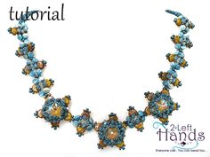 the beaded necklace is made with blue and yellow beads