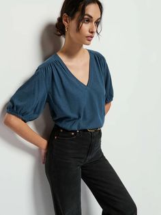 Edie Top - Midnight Navy | NATION LTD Casual Relaxed Fit Puff Sleeve Top, V-neck Blouse For Everyday Fall Wear, Casual Puff Sleeve Top With Relaxed Fit, Casual Puff Sleeve Top With Blouson Sleeves For Daywear, Trendy V-neck Puff Sleeve Top For Fall, Trendy Puff Sleeve V-neck Top For Fall, Everyday Fall V-neck Blouse, Fall V-neck Everyday Blouse, Casual V-neck Puff Sleeve Top For Daywear