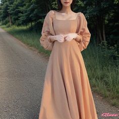 Qteee - Chic Vintage Palace Square Neck Bubble Sleeve Princess Dress in Khaki, Ladies Dress Vintage Palace, Asian Style Dress, Korean Fashion Outfits, Modest Dresses Casual, Fancy Dresses Long, Korean Fashion Dress, Vestidos Vintage, Modest Fashion Outfits, Chic Vintage