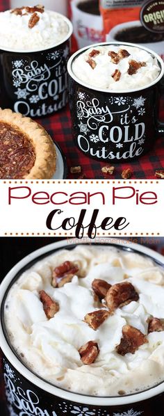 pecan pie coffee is served in cups with whipped cream and bacon toppings on top