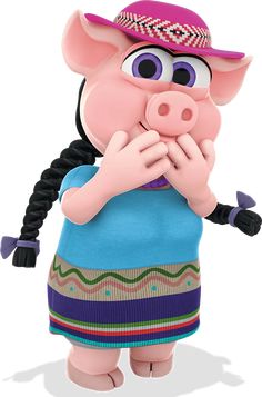 a cartoon pig wearing a blue dress and pink hat with her hands in her mouth