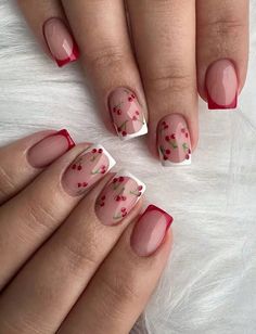 Nail Designs With Cherries, Cherry Summer Nails, Cherry Square Nails, Cherry Inspired Nails, Square Cherry Nails, Cherry Nails Square, Cherry Design Nails, Summer Nails Cherry, Cute Cherry Nails