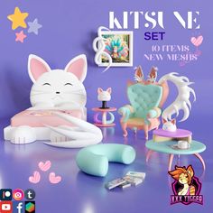 an advertisement for toys and furniture on a purple background with the caption kitsune set 10 items new mehrr