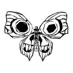 a black and white drawing of a butterfly with big eyes on it's wings