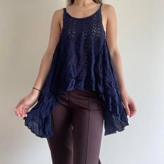 Navy Blue Nwt Crochet Lace Tank The Cutest Tiered Tank Top Crocheted Knit Flowy & Loose Boho Vibes Fits Bohemian , Earth Grunge , Faerie , Fairycore , Prairie , Festival, Coachella Aesthetic Sleeveless Shirt In A Dark Deep Navy / Indigo Color Brand Vintage Havana Dead Stock / Brand New With Tags / Nwt Orig $39 At Fox Boutique Size Small Modeled On Medium Rayon & Cotton Great Summer Business Casual Top , Or Perfect For A Beach Day , Sunday Brunch (K) Sleeveless Blue Lace Tops, Blue Lace Sleeveless Tops, Blue Bohemian Lace Top, Blue Lace Tops For The Beach, Blue Crochet Lace Top, Blue Bohemian Top With Crochet Trim, Blue Lace Crochet Top For Summer, Blue Lace Crochet Top, Bohemian Pointelle Knit Crochet Top For Layering