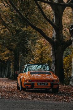 an orange car parked on the side of a road in front of trees and leaves