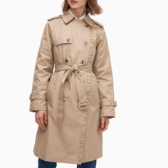 New With Tags Women’s Size Small Kate Spade Trench Coat Tuscan Beige Color Chic Beige Outerwear With Ruffles, Elegant Kate Spade Outerwear For Work, Kate Spade Fall Outerwear For Work, Elegant Kate Spade Spring Outerwear, Beige Ruffled Outerwear For Spring, Fall Daywear Outerwear With Ruffles, Fall Ruffled Outerwear For Daywear, Kate Spade Fitted Fall Outerwear, Kate Spade Fitted Spring Outerwear