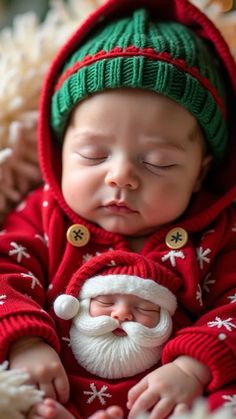 a baby wearing a santa clause outfit sleeping