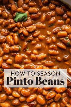 pinto beans in a skillet with the words how to season pinto beans on top