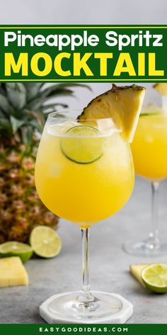 This Pineapple Spritz Mocktail is the perfect non-alcoholic cocktail with so many delicious and sweet flavors. It is the best refreshing drink. Citrus Mocktails Non Alcoholic, Limeade Mocktails, Pineapple Mocktail Non Alcoholic, Delicious Mocktail Recipes, Mixed Drinks Non Alcoholic, Mocktails Pineapple, Healthy Party Drinks, Recipe With Pineapple Juice, Pineapple Mocktails