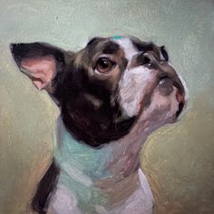 an oil painting of a dog looking up