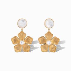 Make a bold yet playful statement with our Belle Flower Drop Earrings in Mother of Pearl! These stunning earrings seamlessly combine elegance with a hint of whimsy, featuring a refined floral design highlighted by lustrous mother of pearl accents. Perfect for any occasion, they transition effortlessly from day to night, adding sophistication and charm to any look. Whether dressing up for a special event or elevating your everyday style, these earrings are a versatile must-have. Details Lightweig Party Pearl Drop Earrings In Mother Of Pearl, Mother Of Pearl Dangle Pearl Earrings, Gold Pearl Earrings With Flower Shape For Party, Elegant Flower Earrings For Mother's Day, Elegant Flower Charm Earrings For Mother's Day, Elegant Dangle Flower Earrings For Mother's Day, Gold Flower Earrings For Mother's Day Party, Yellow Gold Flower Earrings For Mother's Day, Gold Mother Of Pearl Party Earrings