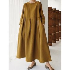 Season:Summer,Spring,Autumn,Winter,Fall; Fabric:Cotton,Linen,Cotton Blend; Sleeve Length:Long Sleeve; Look After Me:Machine wash; Gender:Women's; Style:Classic,Basic,Casual; Elasticity:Micro-elastic; Occasion:Daily,Outdoor; Fit Type:Loose Fit; Dresses Type:Casual Dress,Cotton Summer Dress; Pattern:Pure Color; Design:Pocket,Smocked; Neckline:Crew Neck; Front page:FF; Listing Date:01/16/2023; Production mode:External procurement; 2024 Trends:2023; Bust:; Length:; Shoulder Width:; Sleeve:; Special Flowy Design, Wrap Around Dress, Elegant Maxi Dress, Cotton Linen Dresses, Cotton Dress Summer, Maxi Robes, Vestidos Vintage, Cotton Midi Dress, Crewneck Dress