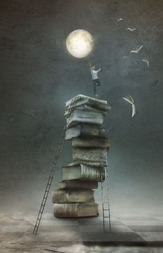 a man standing on top of a pile of books under a moonlit sky with birds flying around