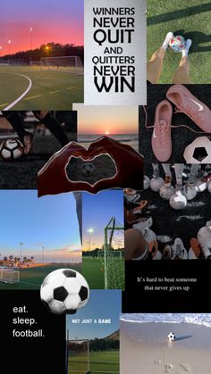 a collage of sports related items including shoes and soccer balls