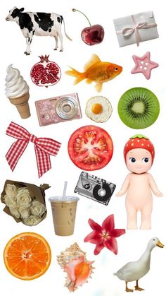 an assortment of food and toys on a white background