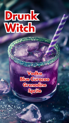 Drunk Witch Spooky Drinks Alcohol Recipes, Purple Mixed Drinks, Goth Alcoholic Drinks, Dinosaur Alcoholic Drinks, Blue Curacao Halloween Drinks, Halloween Drinks With Blue Curacao, Potion Alcohol Drink, Booze Fairy Ideas, Game Of Thrones Themed Drinks