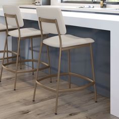 two white stools sitting in front of a kitchen counter