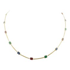 This is part of Chairish’s Fine Jewelry assortment.  Emerald Ruby Sapphire Choker Necklace studded with emerald, ruby and sapphire in 18K Gold. This stunning piece of jewelry instantly elevates a casual look or dressy outfit.  Emerald enhances the intellectual capacity, sapphire stimulates concentration and reduces stress and ruby improves mental strength.  Designed with octagon cut emerald, ruby, sapphire set alternatively with each other in between the chain making a stunning delicate necklace. This beautiful handcrafted necklace is a perfect Grandmother Gift, Bridal Shower Gift, Secret Santa Gift, Gift For Sister, Mother Daughter Gift, Bride To Be Gift, Bridesmaid Gift, Thanksgiving Gift, Halloween Gift, Christmas Gift or any Holiday Gift for Mother, Sister, Daughter, Grandma, Fiancé, G Elegant Multicolor Gemstone Emerald Necklace, Elegant Multicolor Gemstone Necklace, Sapphire Choker, Ruby And Sapphire, Dressy Outfit, Chain Making, Mother Daughter Gifts, Mental Strength, Grandmother Gifts