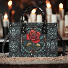 Gothic Teal Stained glass rose top handles Vegan leather Tote purse handbag, Medieval cute shoulder bag, Goth girlfriend crossbody bag gift Sizes: Small, Medium, Large, available  Material: Choose from top-rated vegan Leather with faux leather pattern. All-Over Printing: Unique Sense Forest style art. Convenient Carrying: Sturdy dual top handles for balance and comfort. Style Options: Removable and adjustable strap for versatile looks and crossbody style. Secure Closure: Smooth zipper closure keeps your belongings safe. Interior Organization: 5 inside pockets for easy storage of small items. Ideal Gifts: Perfect for anyone who vibes with Sense Forest. Care Instructions: Wipe with a damp warm cloth and dry with a dry cloth. Allow it to air out for 2-3 days to remove any initial smell. ❣️Act Gothic Rectangular Bag For Gift, Gothic Rectangular Gift Bag, Gothic Satchel Shoulder Bag Gift, Gothic Satchel Gift Bags, Gothic Crossbody Shoulder Bag For Gift, Gothic Crossbody Shoulder Bag As Gift, Gothic Satchel Bag For Gift, Gothic Satchel Bag As Gift, Gothic Style Satchel Shoulder Bag For Gift