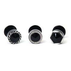 three different types of black and white knobs on a white background, one has a diamond in the center