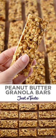 granola bars with peanut butter and chocolate chips in the middle are stacked on top of each other