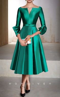 Stylish and elegant, the HM187 Satin A-Line Empire dress is perfect for the mother of the bride. Made with high-quality satin fabric, this dress features a flattering A-line silhouette and 3/4 sleeves. Feel confident and comfortable on your daughter's special day. Floor-length Satin Mother Of The Bride Evening Dress, Elegant Green A-line Satin Dress, Elegant Satin A-line Mother Of The Bride Dress, Evening A-line Midi Dress With Box Pleat, Elegant Green V-neck Mother Of The Bride Dress, Empire Dress, Classy Dress Outfits, Tea Length Dresses, Wedding Bridesmaid Dresses