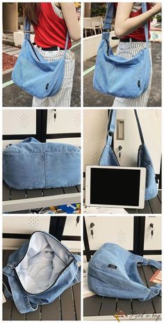 four pictures showing how to make a denim purse with an open top and zippered pocket