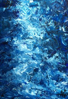 an abstract painting with blue and white paint on the bottom, it looks like water