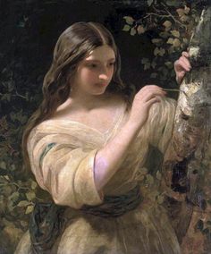 a painting of a woman holding onto a tree branch