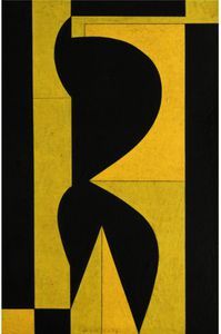 an abstract black and yellow painting with curves