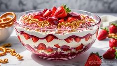 a bowl with strawberries and pretzels in it