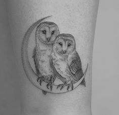 two owls sitting on the moon tattoo