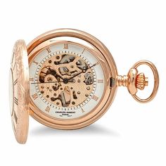 PRODUCT DESCRIPTIONSophisticated and warm, the soft luster of rose gold adds a classic elegance to this Charles Hubert pocket watch! The watch has a front window that allows you to see the inner mechanism, surrounded by numerals on the outside. The inside features a white calendar dial with rose gold numerals and hands. The back cover is etched in an ornate design, and the watch comes with a matching 12" chain, and is packaged in a Charles Hubert gift box.PRODUCT INFORMATIONRose gold mechanical Elegant Self-winding Pocket Watch With Round Dial, Elegant Formal Pocket Watch With Skeleton Dial, Elegant Self-winding Pocket Watch, Timeless Pocket Watch With Skeleton Dial, Timeless Rose Gold Watch Accessories With Metal Dial, Elegant Rose Gold Watch Accessories With Skeleton Dial, Timeless Rose Gold Watch Accessories With Skeleton Dial, Elegant Gold Pocket Watch With Skeleton Dial, Timeless Rose Gold Watch With Skeleton Dial