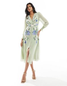 Hope & Ivy embroidered midi dress in light sage | ASOS Green V-neck Embroidered Dress For Spring, Feminine Embellished Midi Dress, Spring Party Midi Embroidered Dress, Spring Party Embroidered Midi Dress, Green Floral Embroidered Knee-length Midi Dress, Long Sleeve Embellished Spring Dresses, Long Sleeve Embellished Dresses For Spring, Spring Chic Embellished Midi Dress, Chic Embellished Spring Midi Dress