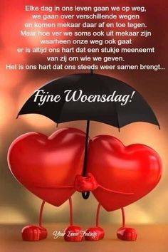 two hearts holding an umbrella with the words fine wednesday written on it in red and black