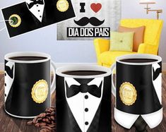 three coffee mugs decorated with black and white tuxedos