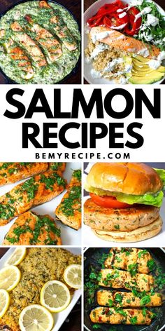 the collage shows different types of salmons and other foods on plates with lemon wedges