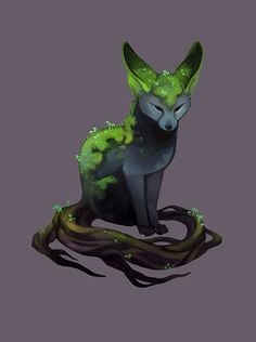 a green and black cat sitting on top of a tree branch in front of a gray background