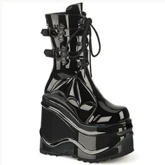 Incredible 6" Wedge Platforms And Bat Wing Motif Design In Shiny Black Patent Faux Leather, The Perfect Boots For The Darkest Nights! Us Women's Sizing. Demonia Boots, Alternative Shoes, Goth Boots, Gothic Boots, Demonia Shoes, Womens Wedges, Wedge Boots, Mid Calf Boots, Ankle Straps