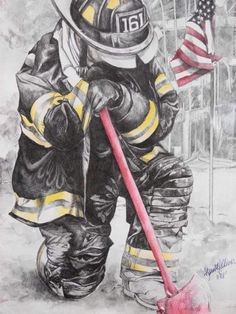 a drawing of a fireman with an american flag