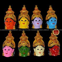 Design by Classical Dance Jewelry® ❥ Product Details: Designer Goddess Ashta Lakshmi Devi Ammavaru Face Set ❥ Material : Metal ❥ Color: Rainbow and Gold ❥ Beautiful Goddess Lakshmi face set used for Dussehra Bathukamma Durga maa puja ❥ Beautifully decorated mask used for pooja during Navaratri Durga puja ❥❥❥❥ Height of face : 7 - 8 Inchs ❥❥❥❥ Set includes ☛ Lakshmi Face : 8 PCS set ❇️ Ashtalakshmi Devi Face metal by nature is little soft so little shape variations and dents could happen during s Multicolor Traditional Wear With Tilla For Navratri, Multicolor Traditional Wear With Latkans For Navratri, Multicolor Traditional Wear With Tilla For Festivals, Multicolor Ceremonial Traditional Wear For Festivals, Multicolor Traditional Wear With Latkans For Puja, Multicolor Traditional Wear With Latkans, Multicolor Traditional Wear With Tilla For Ceremonies, Ashta Lakshmi, Lakshmi Devi