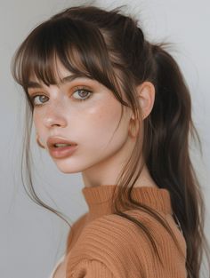 30 Charming Ponytails with Bangs: A 2024 Style Guide Bangs With A Ponytail, Bangs Ponytail Hairstyles, Bridal Hairstyles With Bangs, Bridal Hair With Bangs, Ponytail Hairstyles With Bangs, Bangs 2023, Messy Ponytail Hairstyles, Straight Fringe, Cute Bangs