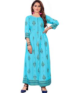 Sky Blue Pure 14Kg Rayon With A-Line Cut Anarkali Gown Sky Blue Foil Print:Arabic Attire #womanfashionsuit #onlinesuits #suitdesignforwomen #salwarsonlineindia #designerindiansuits #designersalwarsuits #designerwomenssuits #femalemodelsinsuits #indiansuitforladies #ladyinsuit #fancysuitsforladies #salwarsuitdesigning #salwarsuitedesigns #salwaarsuitsdesign #suitdesigns #indiandressessalwarkameez #womandresssuit #newstylesuits #salwarkhamis #latestsalwarkameezdesigns New Style Suits, Blue Kurti, Latest Salwar Kameez Designs, Embroidered Kurti, Blue Foil, Anarkali Gown, Womens Dress Suits, Kurti Neck Designs, Utsav Fashion