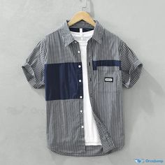 OrcaJump - Contemporary and Stylish Short Sleeve Striped Patchwork Casual Shirt Casual Crew Neck Shirt With Patchwork, Casual Patchwork Shirt With Crew Neck, Short Sleeve Patchwork Shirt For Work, Workwear Short Sleeve Patchwork Shirt, Striped Cotton Tops With Patchwork, Casual Collared Patchwork T-shirt, Casual Collared T-shirt With Patchwork, Navy Cotton Casual Short Sleeve Shirt, Casual Black Shirt With Patchwork