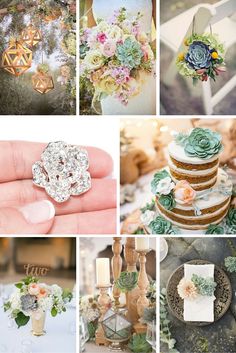 a collage of photos with flowers and wedding rings