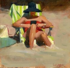 a painting of a man sitting in a chair on the beach wearing a black hat